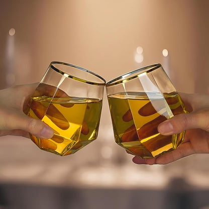 Goodluck 40 PCS Diamond Stemless Plastic Wine Whiskey Glasses, 12 Oz Disposable Cocktail Glasses, Suitable for Weddings, Birthday Parties, Family Gatherings, Bars, etc （Gold rimmed cups）