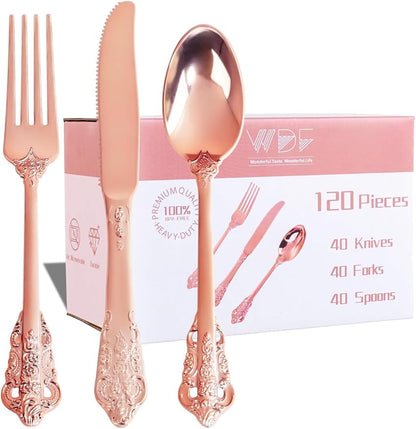 WDF 120Pieces Rose Gold Plastic Silverware - Heavy Duty Rose Gold Plastic Cutlery Set - Disposable Rose Gold Utensils - Rose Gold Flatware Includes 40 Forks, 40 Spoons, 40 Knives for Wedding