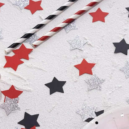Red Black and Silver Star Confetti Table Decoration for 4th July Independence Day Graduation Retirement Patriotic Theme Party,1.2 inch in Diameter,200 Counts