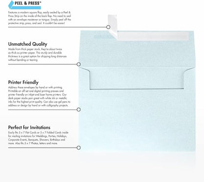 LUXPaper A7 Invitation Envelopes | Peel & Press | 5 1/4" x 7 1/4" | Aquamarine Metallic | 80lb. Text | 250 Qty