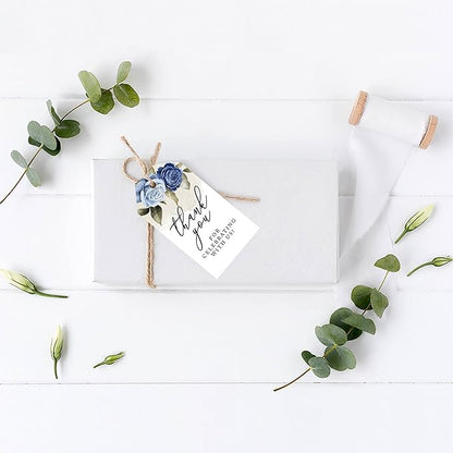 Andaz Press 100-Pack Thank You For Celebrating With Us Favor Tags Icy Blue Roses Cardstock Gift Tags with Bakers Twine for Wedding Baby Shower Bridal Shower Birthday Party Favors 2 x 3.75-Inches