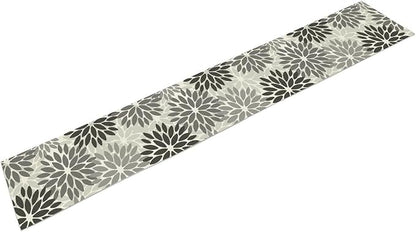 Gray Dahlia Flower Table Runner, Vintage Modern Linen Geometric Pattern Floral Table Runner Spring for Farmhouse Kitchen Dining Party Holiday Party, 13x90 Inch