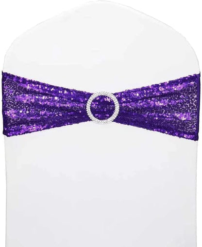 Chair Sashes Sequin Stretch Chair Bands Spandex Polyester Bows for Party Hotel Wedding Banquets Decoration - 6 Pcs Purple
