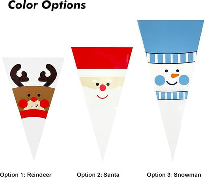 EKAPACKAGING 50Pcs 7x15 Inches Snowman Print Cone Shaped Treat Bags with Ties, Christmas Clear Cellophane Bags, Party Favor Bags for Popcorn, Cookies, Cotton Candy, Gift, and Pretzel Rod