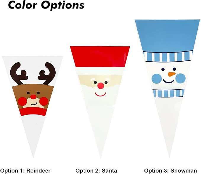 EKAPACKAGING 50Pcs 6x10 Inches Reindeer Print Cone Shaped Treat Bags with Ties, Christmas Clear Cellophane Bags, Party Favor Bags for Popcorn, Cookies, Cotton Candy, Gift, and Pretzel Rod