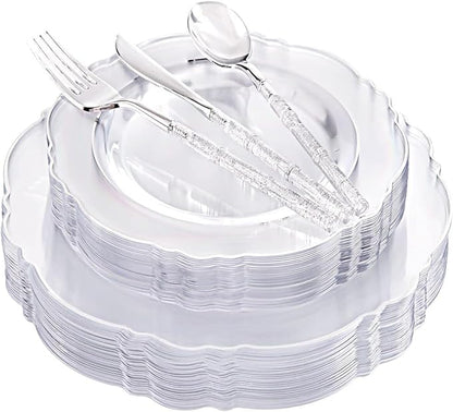 Liacere 150PCS Clear Silver Plastic Plates & Disposable Silver Plastic Silverware with Glitter Bamboo Handle Cutlery-Baroque Clear Disposable Plates for Wedding & Easter day & Mother's Day