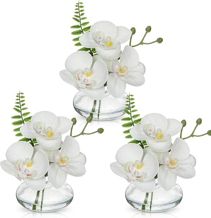 White Orchids Artificial Flowers Faux Orchids Arrangement in Clear Glass Vases Set of 3 Real Touch Phalaenopsis Orchid Flowers Small Fake Orchid Centerpiece for Dining Room Table