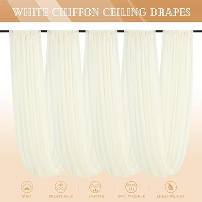 4 Panels Ivory Ceiling Drapes for Wedding 5ftx40ft Sheer Drapery Chiffon Fabric Arch Draping Curtains for Party Ceremony Birthday Baby Shower Reception Stage Ceiling Decorations