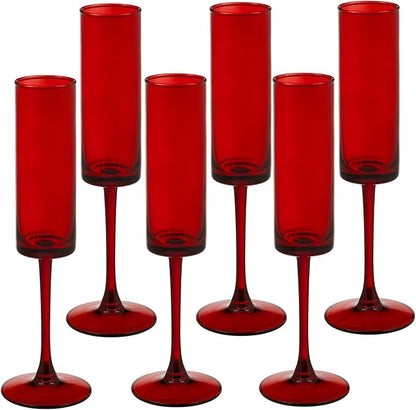 6 Pieces Red Champagne Flutes 6 OZ Straight Sided Wine Glasses Champagne Long Stem Drinking Colored Glasses,Set of 6 Hand Blown Champagne Flutes Goblets for Wedding Cocktail Cups,Cava, Prosecco