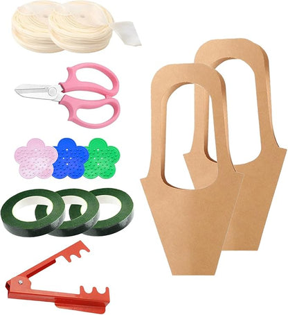 50Pcs 16.5" Kraft Paper Bouquet Bags with Handle, Florist Gift Wrapping Supplies Kit Includes Decorative Lace Ribbon, Floral Tape, Shears for Flower Arranging, Wedding, Party Decor