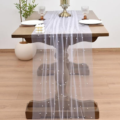 Joanlody Fall Pearl Table Runner 10ft Rustic Boho Tulle Table Runner with Pearls for Baby Shower Wedding Party Veil Dessert Thanksgiving Table Decor White 4pcs