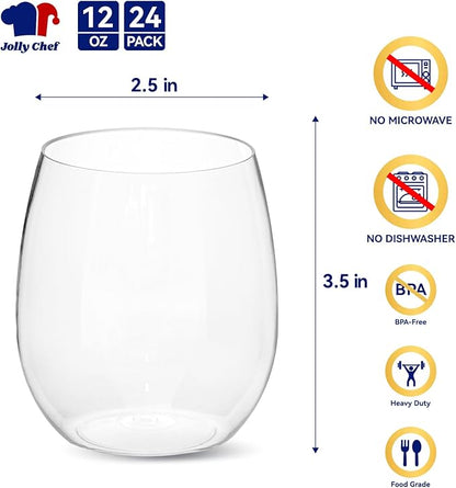 JOLLY CHEF 24 Pack 12 Oz Disposable Plastic Wine Glasses. Shatterproof, Unbreakable, Crystal, Stemless Plastic Wine Cups for Party, Halloween, Christmas