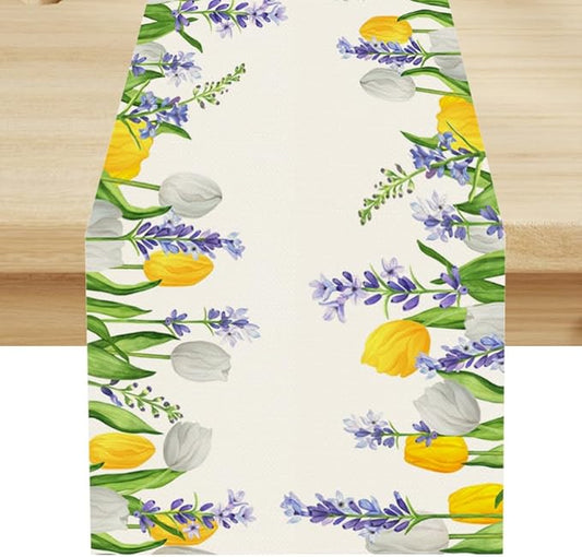Floral Tulip Lavender Table Runner, Spring Watercolor Flower Plants Nature Butterfly Table Runner for Kitchen Dinner Living Room Home Party, 13x70 Inch