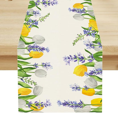 Floral Tulip Lavender Table Runner, Spring Watercolor Flower Plants Nature Butterfly Table Runner for Kitchen Dinner Living Room Home Party, 13x60 Inch