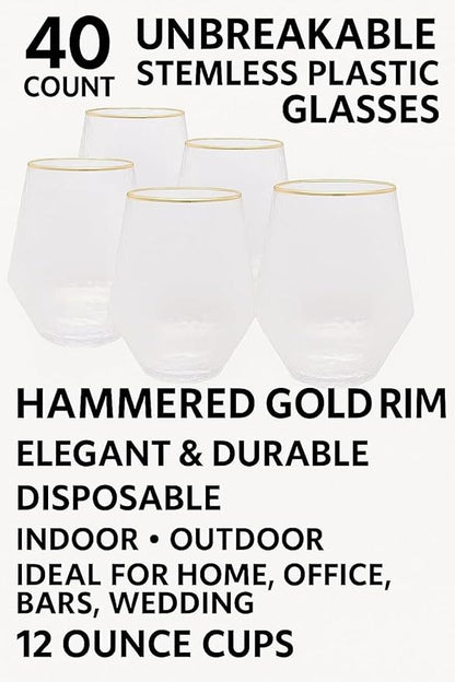 40 count Diamond Unbreakable Stemless Plastic Wine Champagne Whiskey Glasses Elegant Durable Disposable Indoor Outdoor Ideal for Home, Office, Bars, Wedding, 12 Ounce Cups (Hammered Gold Rim)