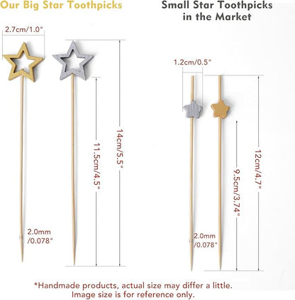 Minisland Matt Silver Star Cocktail Picks, 5.5 Inch Long Bamboo Fancy Toothpicks for Appetizers, Decorative Christmas New Year Holiday Party Food Drinks Garnish Fruit Skewer Sticks 50 Counts - MSL431