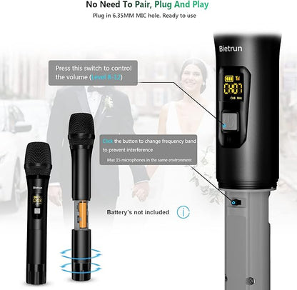 Wireless Microphone, Bietrun UHF Metal Dual Handheld Cordless Dynamic Mic System with Rechargeable Receiver, 1/4‘’Output, for Karaoke, Church, Speech, Wedding, Party Singing(160 ft Range)-Auto Connect