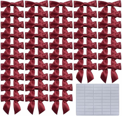 2.5" Hgzgch Burgundy Satin Ribbon Bow for Gift Wrapping, Premade Bows for Crafts, Cake, Party Favors, Handmade Bows with Double-Sided Tape, Self Adhesive Bows for Presents, Treats, Christmas - 50pcs