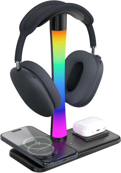 Headphone Stand with Wireless Charger,Gaming HeadsetStand with RGB Light Mode,AirpodMaxStand Compatible with Airpod Pro/3/2,iPhone 16/15/14/13/12/11,Samsung,Gifts for Gamers and Music Lover