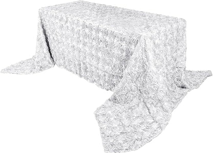 Efavormart 90"x156" Wholesale Rectangle Table Cover White Grandiose Rosette 3D Satin Tablecloth for Wedding Party Event Decoration