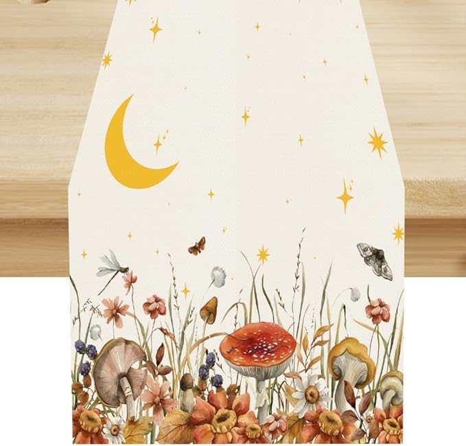 Mushroom Kitchen Table Runner, Gothic Moon Star Plants Witchy Moonlit Flower Butterfly Table Runner for Kitchen Dinner Living Room Drapes, 13x108 Inch White