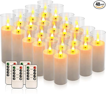 Set of 24 Flickering Flameless Candles Battery Operated with Remote and 2/4/6/8 H Timer Plexiglass Led Pillar Candles with Realistic Moving Wick Candles for Home Decor (D2.2"xH 5"6"7")(White)