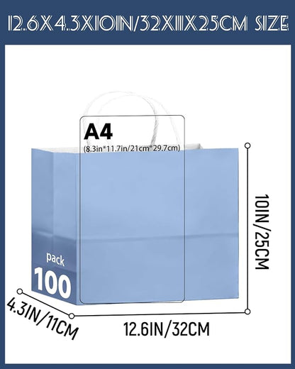 qiqee 100PCS Large Gift Bag with Handles Bulk 13"x4.5"x10" Gift Bags Light Blue Multiple Uses (32x11x25cm,Wide Large)