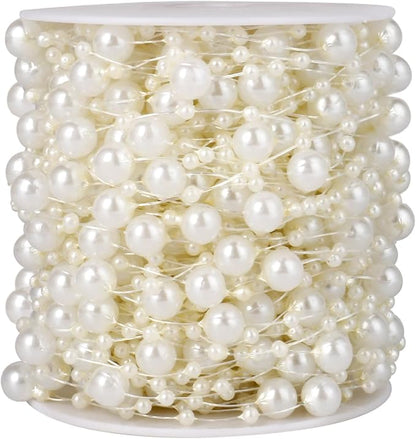 98FT Pearl Beads String Garland, 8mm 3mm Ivory Faux Pearl Beads Roll Strand Bulk for Wedding Party Flower Christmas Decoration DIY Craft
