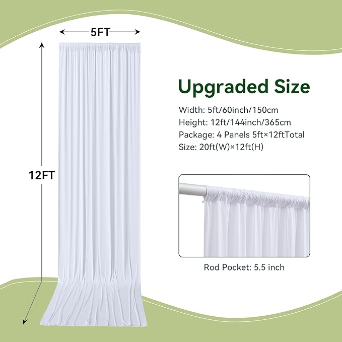 20×12ft White Wrinkle Free Backdrop Curtain for Wedding Parties, 4 Panels 5×12 ft Long Soft Silky Washable Polyester Photo Backdrop Drapes for Birthday Baby Shower Photography Background Cloth