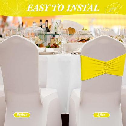 Moukeren 100 Pcs Spandex Chair Sashes Bows Bands Slider Sashes for Chair Covers Elastic Bands Ties Ribbon Decorations for Wedding Party Events Ceremony Birthday Banquet(Yellow)