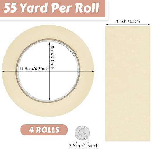 Masking Tape Bulk General Purpose Masking Painting Tape 55 Yards for Painting Home Office School Stationery Arts Crafts Basic Use, Easy Removal(4 Rolls,4 Inch)