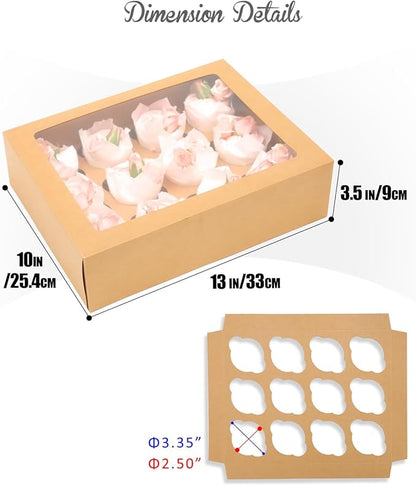 Bakepacker Auto-pop up 12 Cupcake Containers 6-Packs Brown Cupcakes Carrier, 12 Cupcake Boxes with Window 13"x10"x3.5"