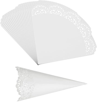 PATIKIL Wedding Confetti Cones, 50 Pcs Paper Tapers Hollow Print Lace Cone Bouquet for Party Candy Gift Boxes Chocolate Bags Buffet Bachelor Party Petals, White