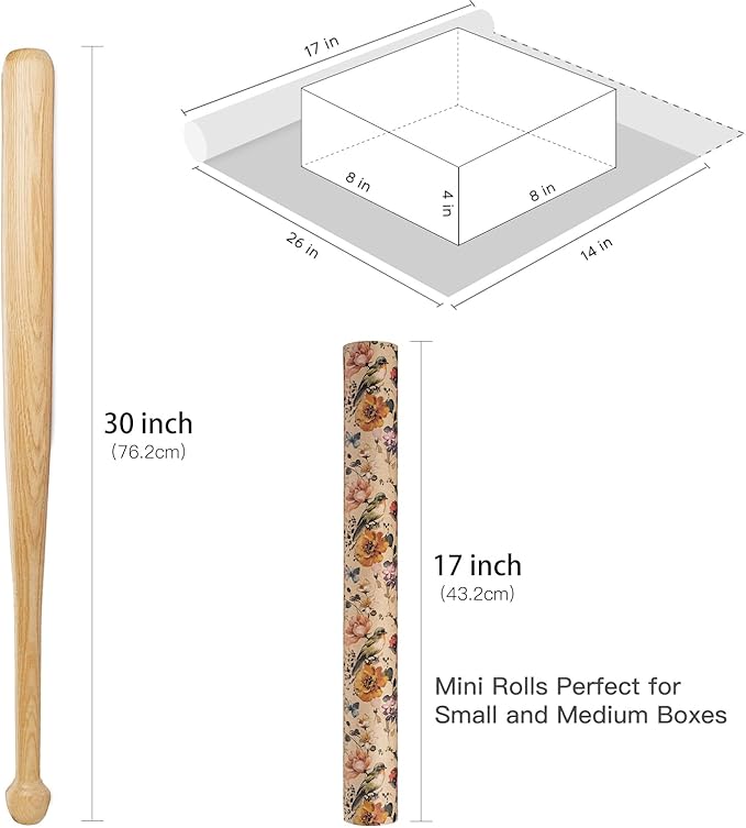 RUSPEPA Floral Wrapping Paper Bouquet for Women, 17 in x 16.4 ft, Mini Roll, Blooming with Bird and Butterfly Design, Kraft Wrapping Paper Roll for Spring, Birthday and Baby Shower