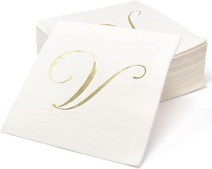 Gift Boutique 100 Gold Monogram Cocktail, Letter V Disposable Paper Pack Elegant Metallic Golden Foil Hand Napkin for Powder Room Wedding Holiday Birthday Party Baby Shower Decorative Towels