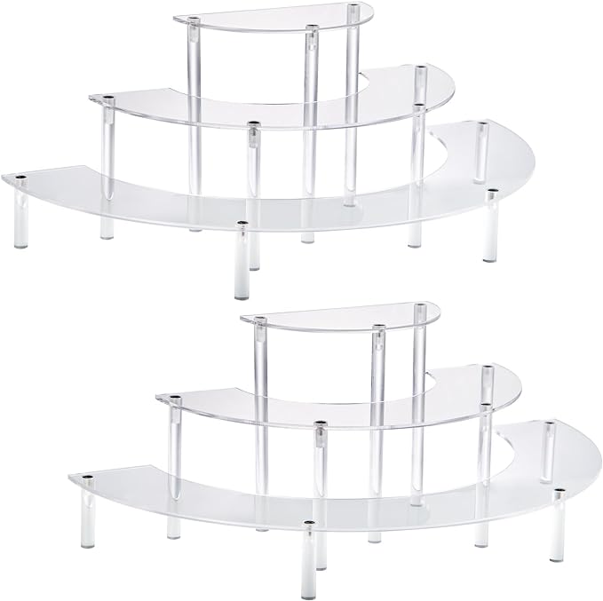 2PACKS Acrylic Display Risers, 3 Tier Clear Cupcake Stand Risers, Perfume Stand Organizer, Half Moon Dessert Stand, HENABLE Shelf Risers for Display Stands for Food, Amiibo Funko POP Figure (2half moon)