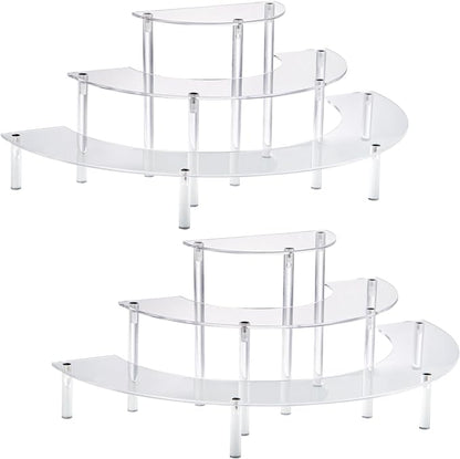 2PACKS Acrylic Display Risers, 3 Tier Clear Cupcake Stand Risers, Perfume Stand Organizer, Half Moon Dessert Stand, HENABLE Shelf Risers for Display Stands for Food, Amiibo Funko POP Figure (2half moon)