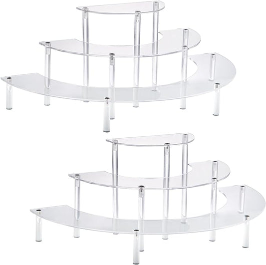 2PACKS Acrylic Display Risers, 3 Tier Clear Cupcake Stand Risers, Perfume Stand Organizer, Half Moon Dessert Stand, HENABLE Shelf Risers for Display Stands for Food, Amiibo Funko POP Figure (2half moon)