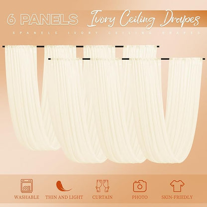 Ivory Ceiling Drapes for Wedding - 5ft x 15ft Sheer Curtain with Romantic Decorations for Party Banquet Ceremony Stage