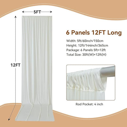 30×12ft Wrinkle Free Ivory Backdrop Curtain for Wedding Parties, 6 Panels 5×12ft Long Soft Silky Polyester Backdrop Drapes Cream Photo Back Drop Curtains for Party Photography Background Cloth