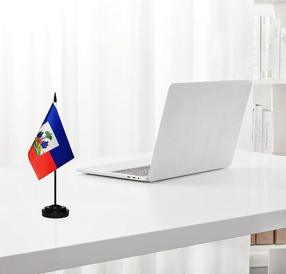 12 Pack Haiti Desk Flags Set, Haitian Small Mini Table Office Flags With 12" Solid Black Pole, Black Base and Spear Top, Miniature Desktop Flag, Home Decoration, Office Decoration, Festival