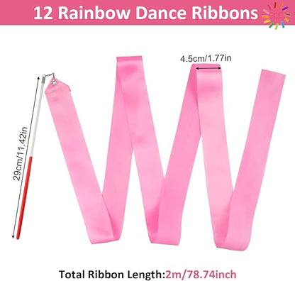 12 Pack Dance Ribbons for Kids, Dance Class, Birthday Party, Gymnastics, Princess Party Favors (Rainbow)