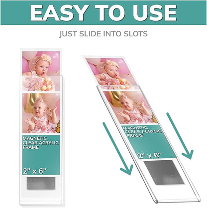 pbf PHOTO BOOTH FRAMES 2x6 Magnetic Picture Frames for Refrigerator | 2 x 6 Clear Magnetic Acrylic Frames for Photo Strips | Magnetic Photo Holders for Fridge, Locker, Sign Holder (6-Pack)