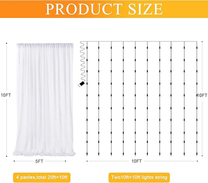 Fomcet Tulle Backdrop Curtains White 20FT X 10FT Tulle Curtains with Lights String Sheer Backdrop Curtain for Parties Wedding Baby Shower Photo Shoot Decorations (4 Panels 5 x 10FT)