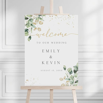Welcome Wedding Sign Personalized, Greenery Eucalyptus Wedding Sign Decorations Signage 12" X 18" (Small), 27" (Medium), 36" (Large), Plastic, Modern, Pole Mount, Weather