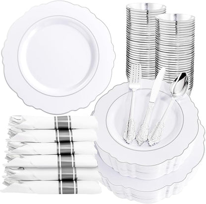 Liacere 350PCS Silver Plastic Plates-Disposable White and Silver Plates 50guest Baroque Plastic Dinnerware Set include 100Plates, 50Pack Pre Rolled Napkins with Silverware 50Cups Perfect for Chrismas