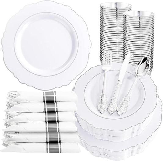 Liacere 350PCS Silver Plastic Plates-Disposable White and Silver Plates 50guest Baroque Plastic Dinnerware Set include 100Plates, 50Pack Pre Rolled Napkins with Silverware 50Cups Perfect for Chrismas