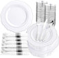 Liacere 350PCS Silver Plastic Plates-Disposable White and Silver Plates 50guest Baroque Plastic Dinnerware Set include 100Plates, 50Pack Pre Rolled Napkins with Silverware 50Cups Perfect for Chrismas