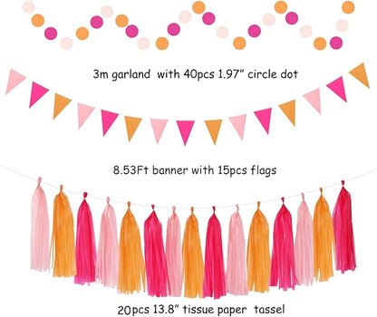 Hot-Pink Burnt-Orange Fall Party Decorations - 33pcs Birthday Baby Shower Banner,Streamers Tassel Garland,Sunset Autumn Thanksgiving Tissue Pom Poms,Paper Lantern Fans,Wedding Backdrop Decor Hugtmr