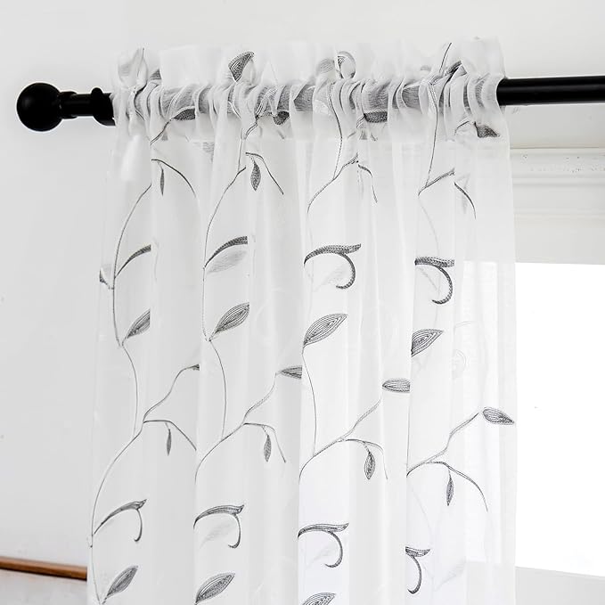 VISIONTEX White Sheer Voile Curtains Loop Embroidered, Decorative Grey Leaves Embroidery Faux Linen, Rod Pocket Window Drapes for Rustic Farmhouse Bedroom 54 x 84 Inch, Set of 2 Panels